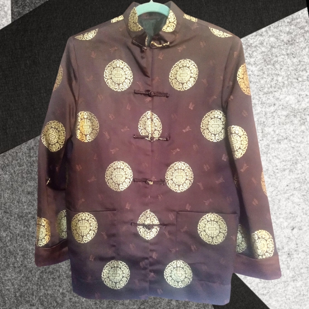 RARE Custom On-Ligo Traditional Chinese Mandarin Satin Brocade Jacket XL Unisex